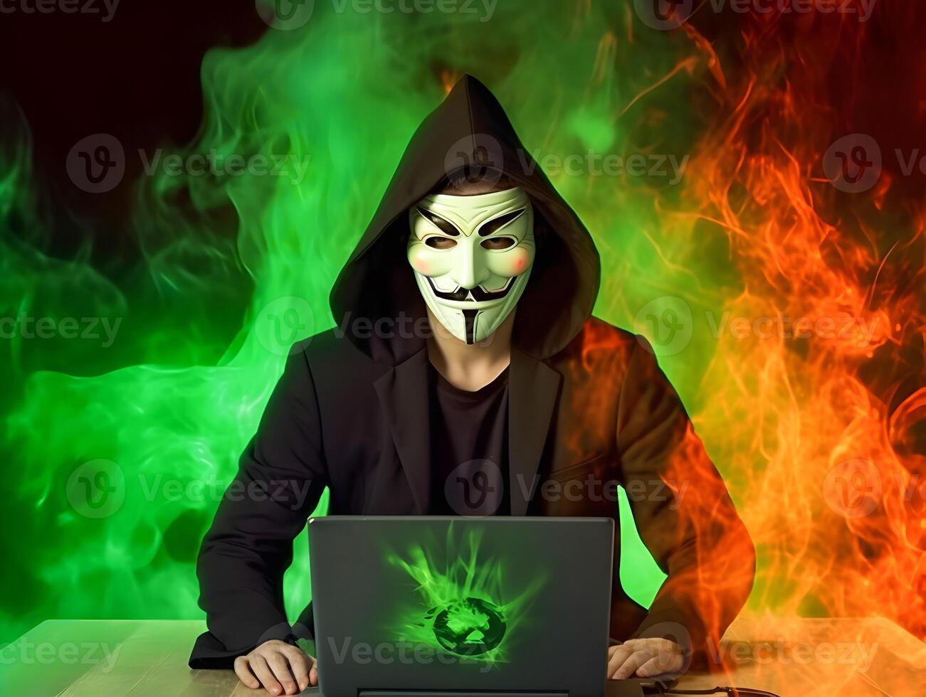 hacker using computer. Concept of dark web, cybercrime, cyberattack. image photo