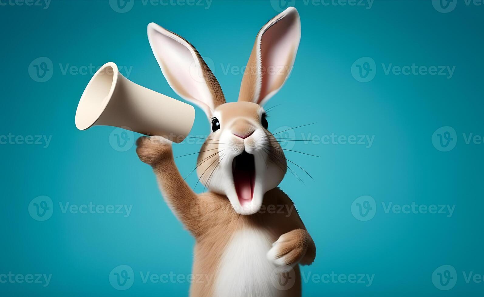 Rabbit announcing using hand speaker. Notifying, warning, announcement. photo