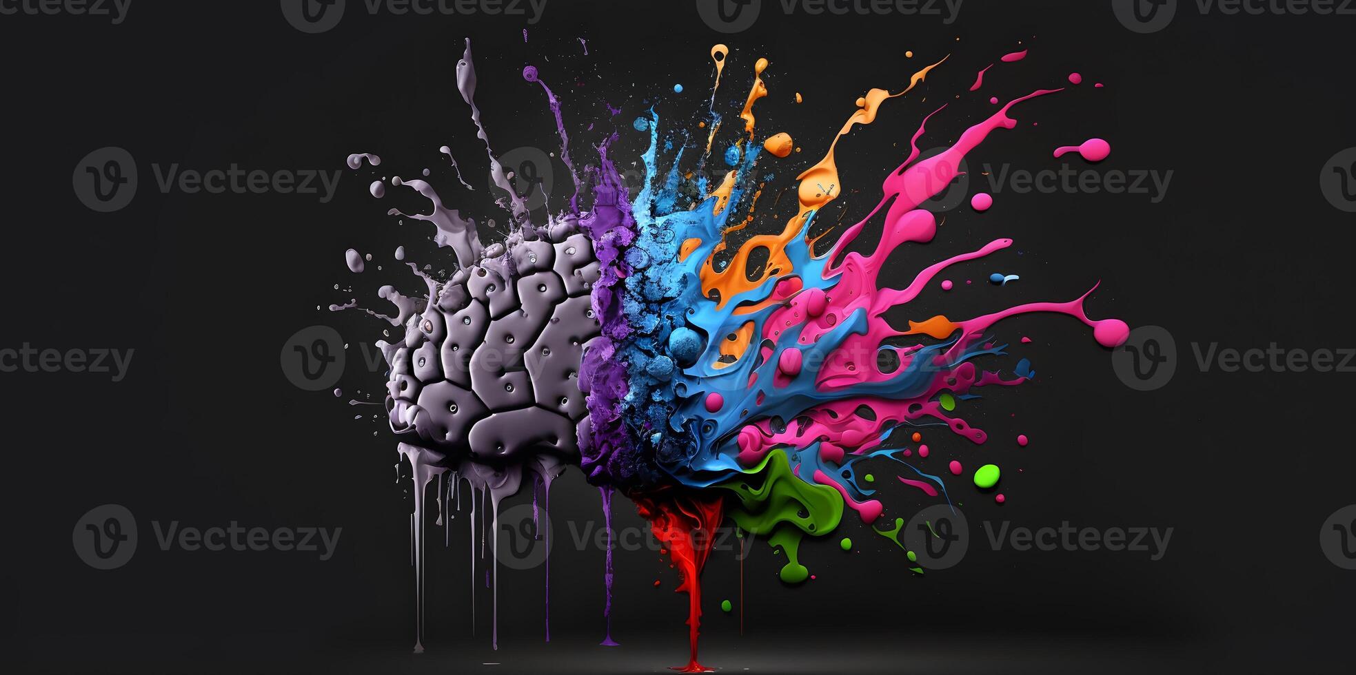 Human brain, colorful paint splashes and drops. photo