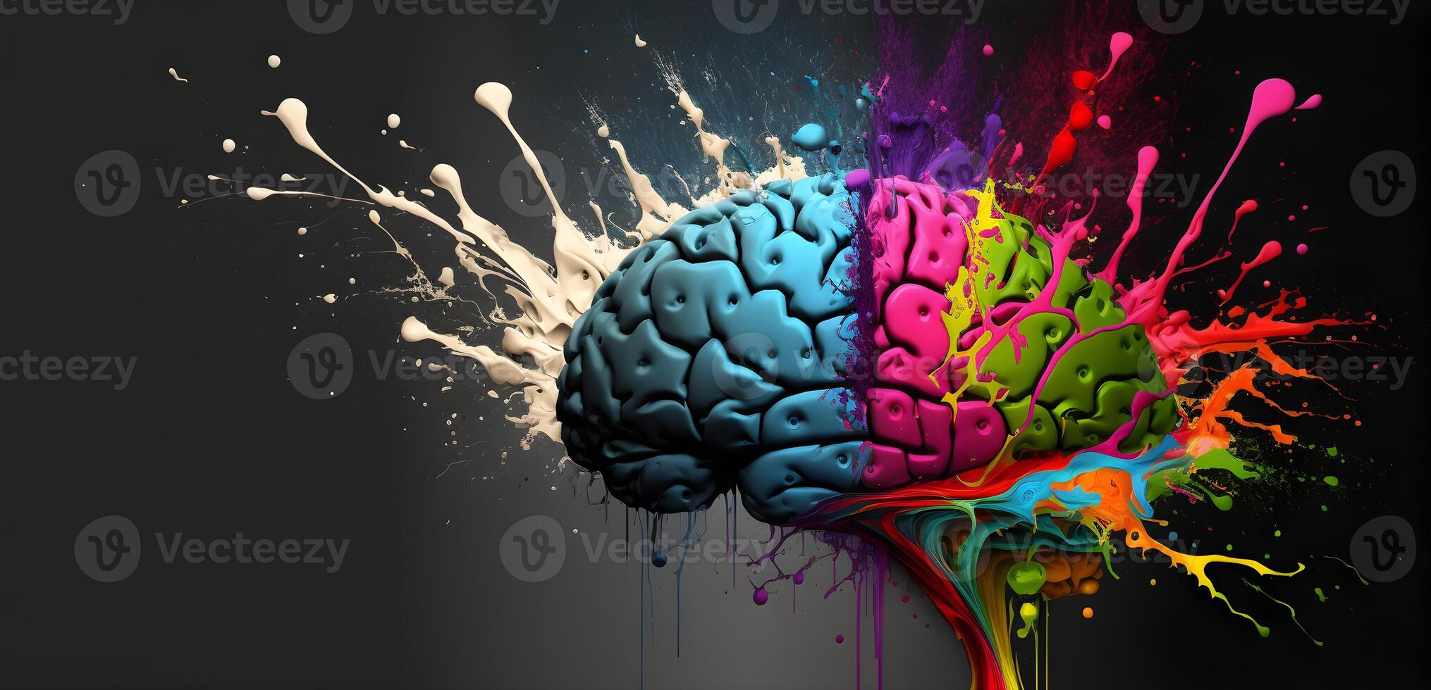 Human brain, colorful paint splashes and drops. photo