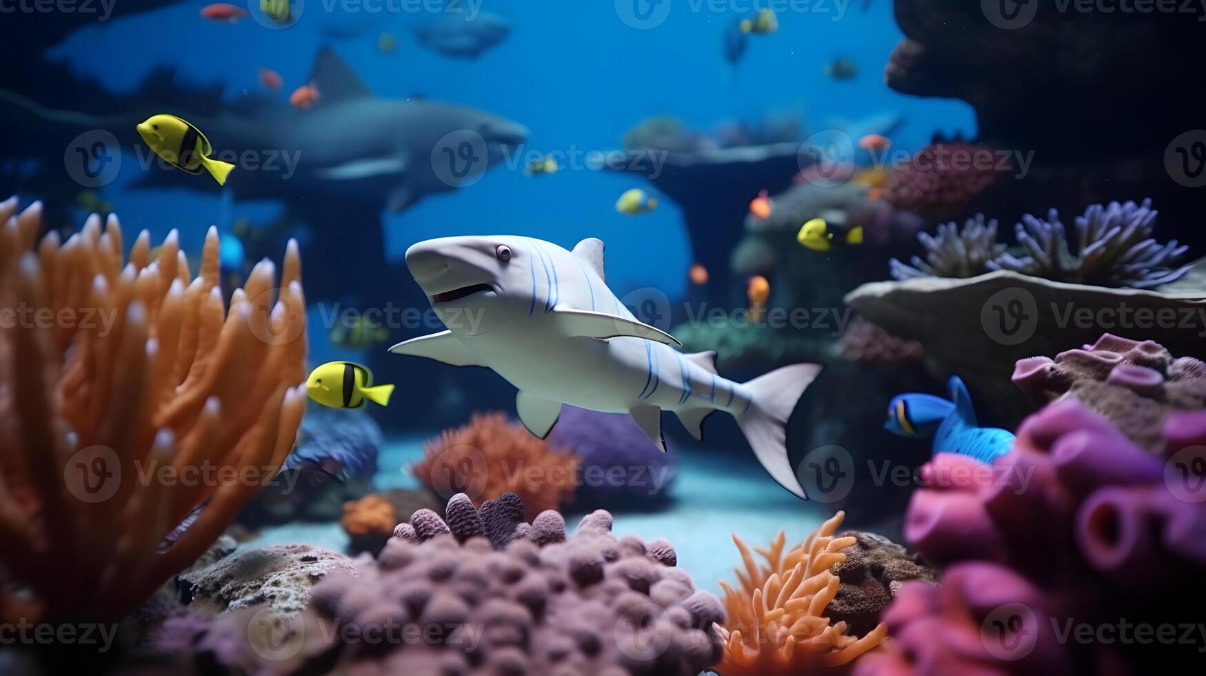 Shark swimming in ocean over sunshine. photo