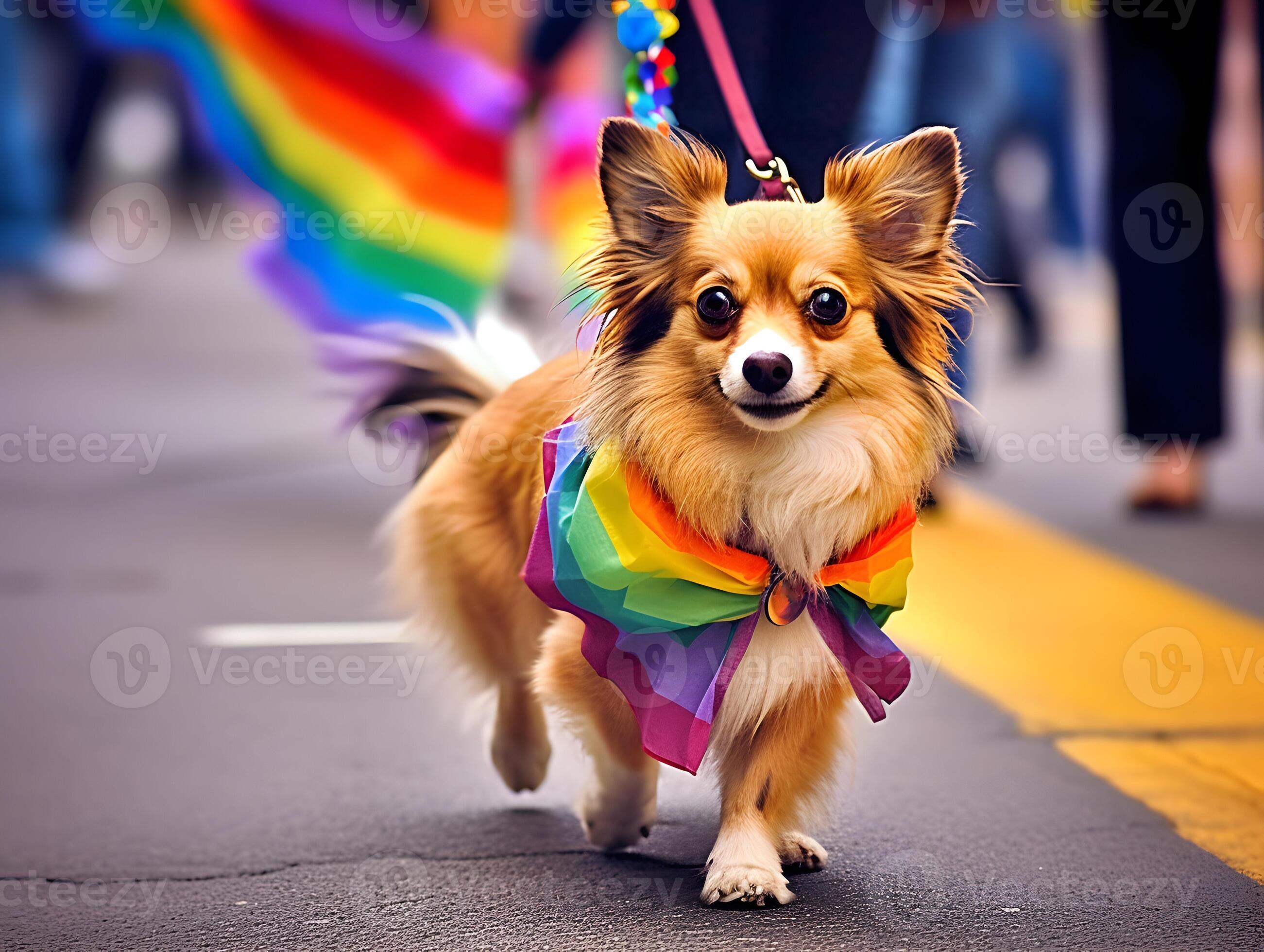 Chihuahua dog in pride parade. Concept of LGBTQ pride. AI generated