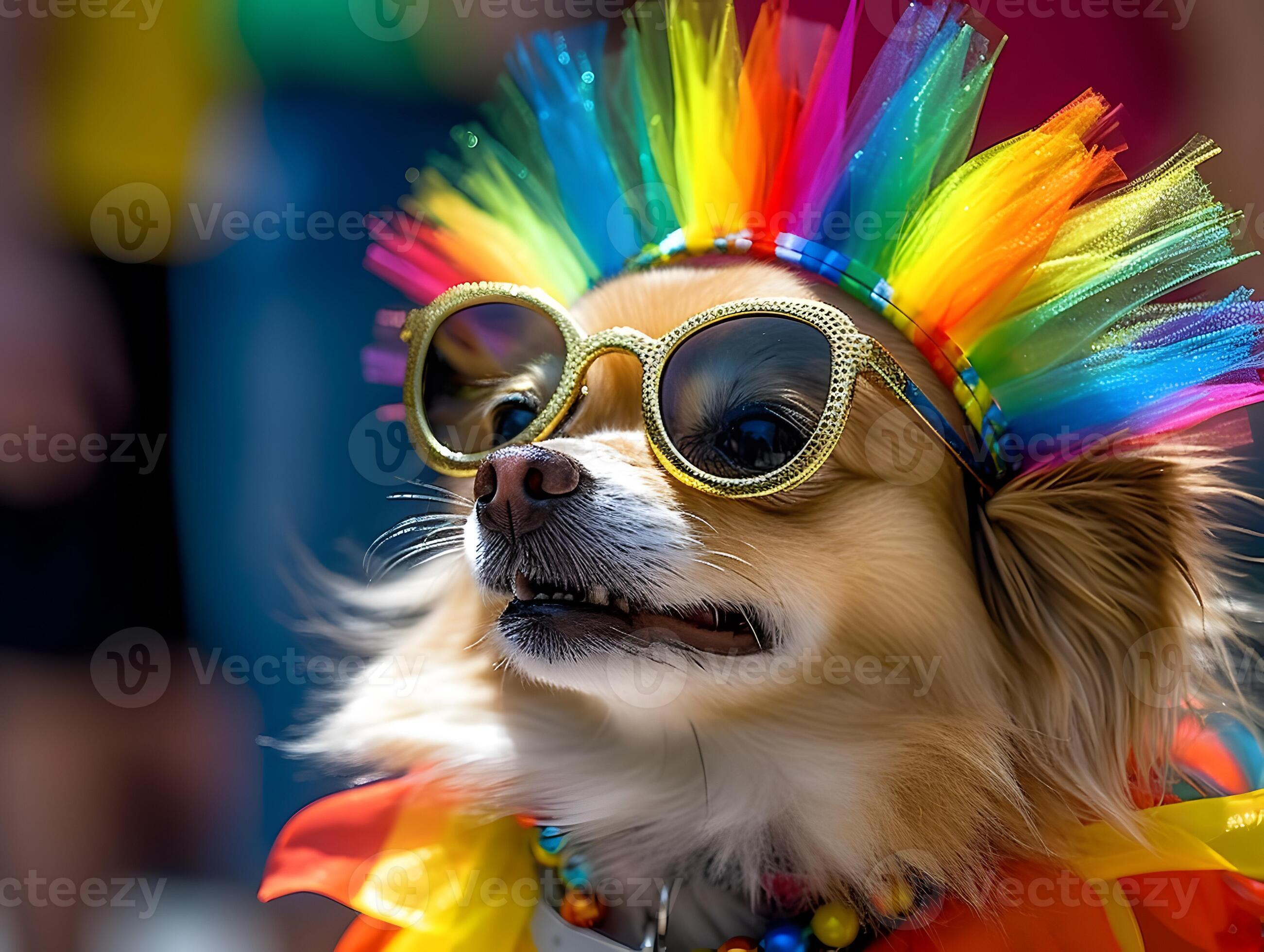Chihuahua dog in pride parade. Concept of LGBTQ pride. AI generated