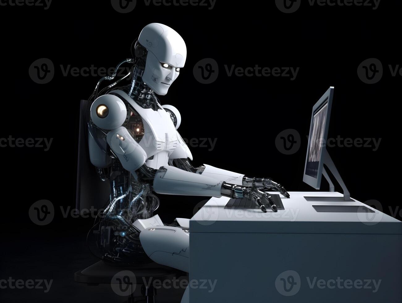 Futuristic robot using computer. photo