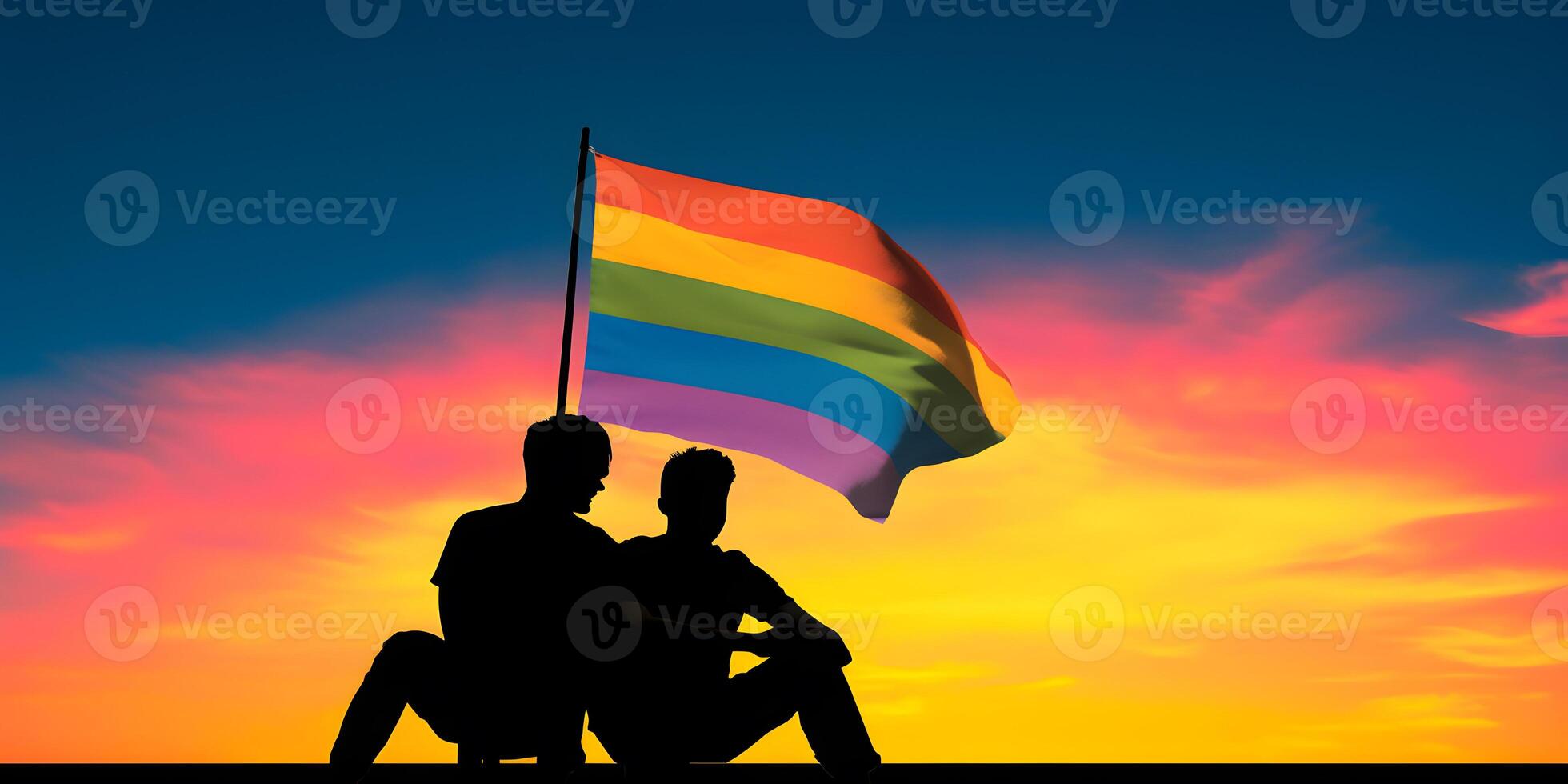 Two gay men with rainbow flag. Concept of LGBT pride. photo