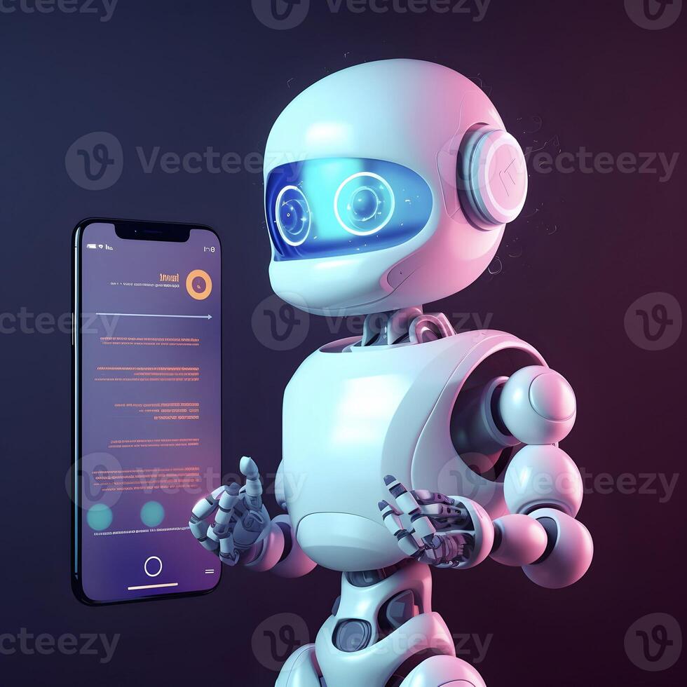 Robot beside smartphone. Concept of chatbot with AI. photo