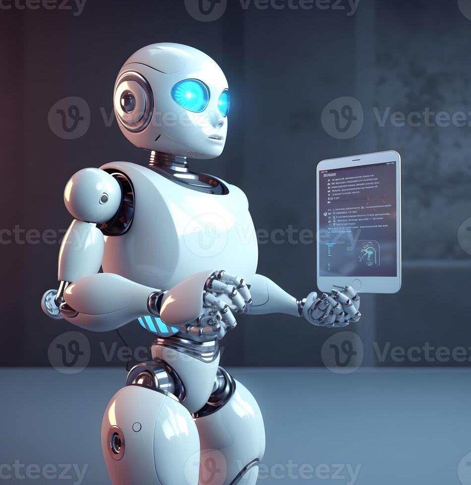 Robot holding tablet. Concept of chatbot with AI. photo