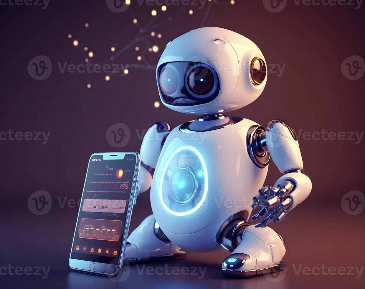 Robot beside smartphone. Concept of chatbot with AI. photo