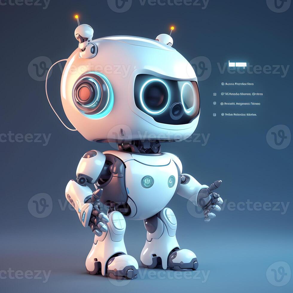 Robot beside data screen. Concept of chatbot with AI. photo