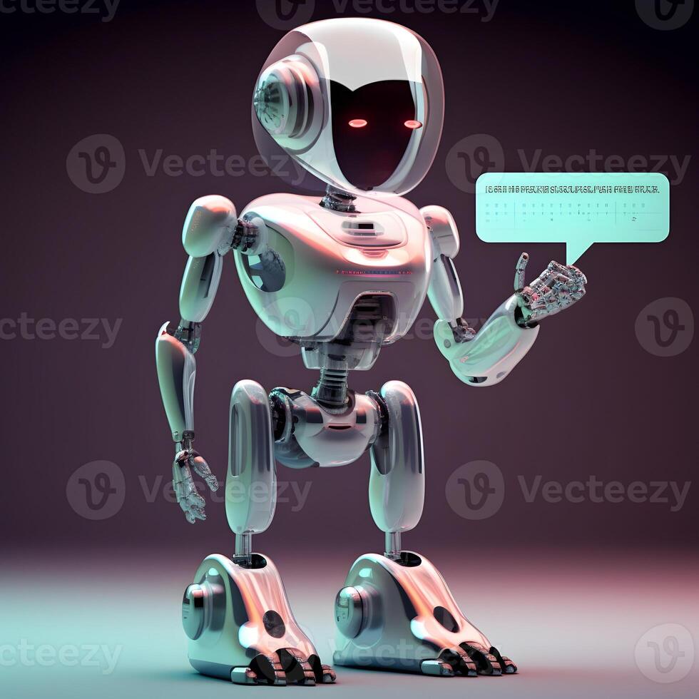 Robot with chat box. Concept of chatbot or ai assistant. photo