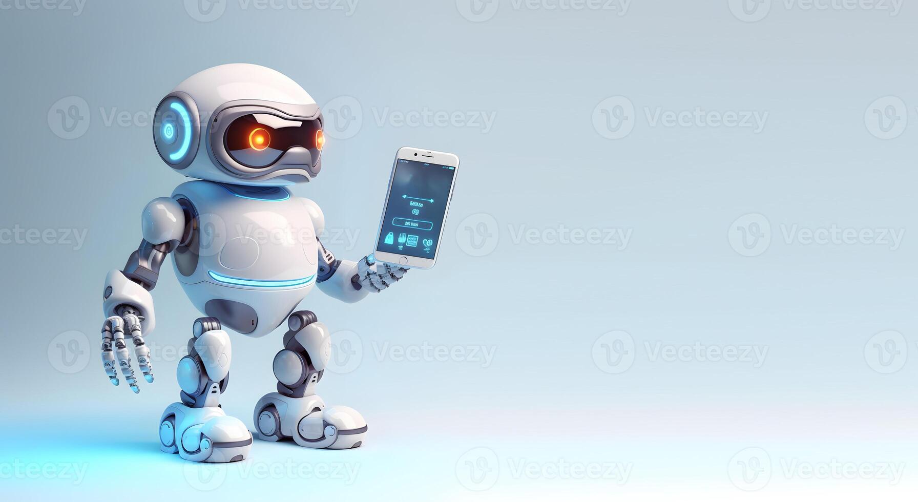 Robot holding smartphone. Concept of chatbot or ai assistant. photo