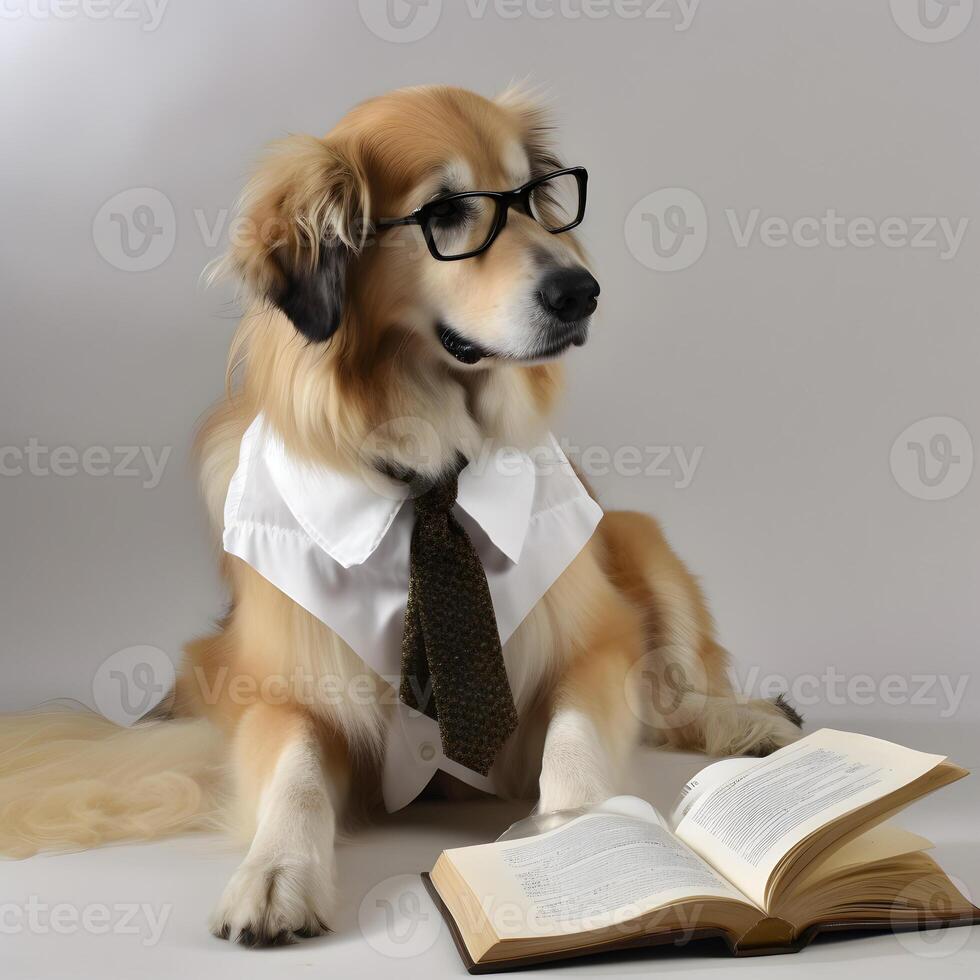 Golden retriever dog with eyeglasses and opened book. . photo