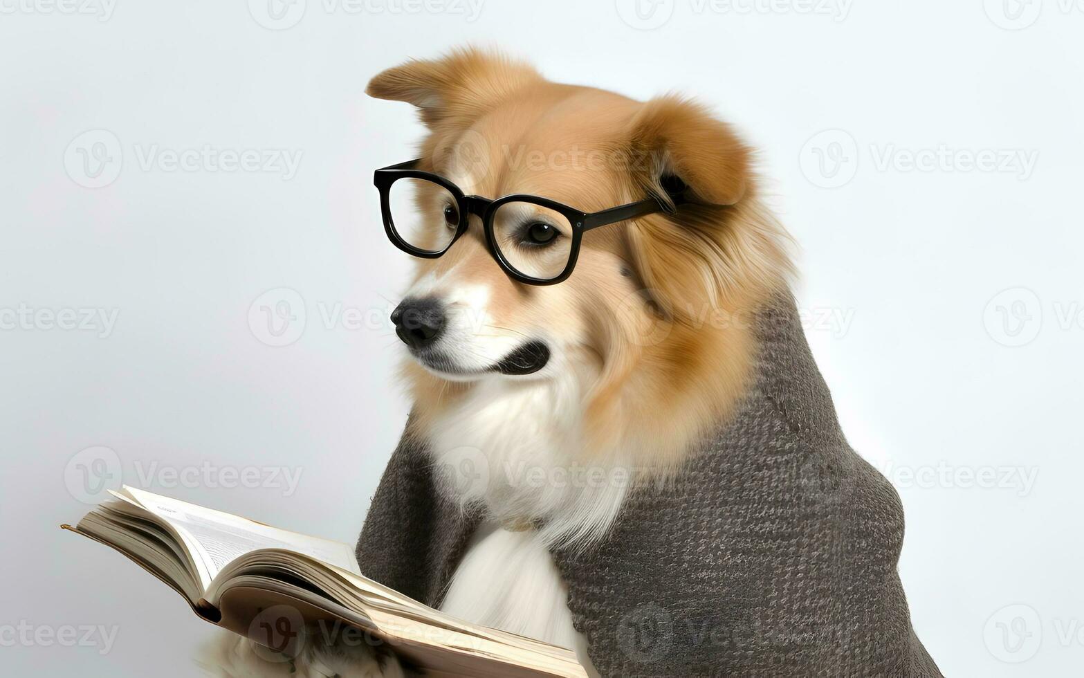 Cute pet dog with eyeglasses and opened book. AI generated. photo