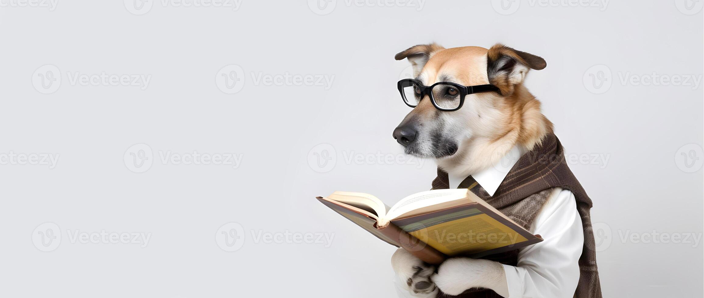 Cute pet dog with eyeglasses and opened book. . photo