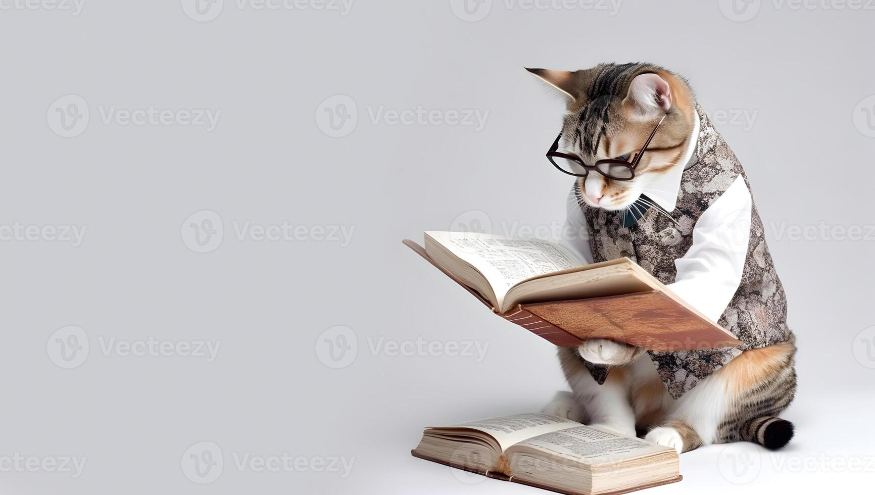 Cute pet cat with eyeglasses and opened book. . photo