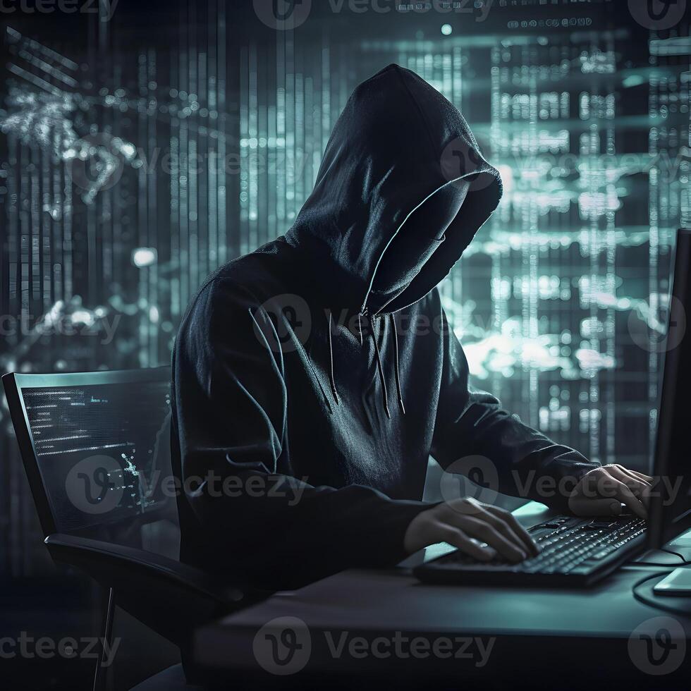Hacker typing computer. Concept of cybercrime, cyberattack, dark web. photo