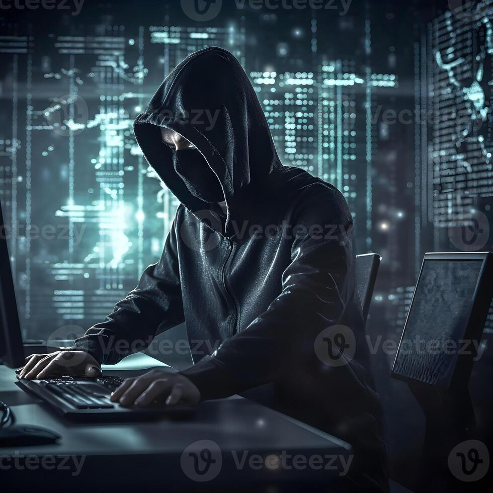 Hacker typing computer. Concept of cybercrime, cyberattack, dark web. photo