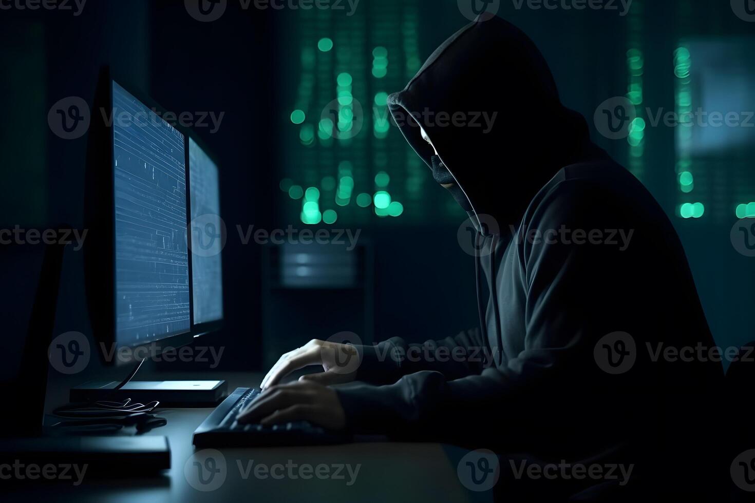 Hacker typing computer. Concept of cybercrime, cyberattack, dark web. photo