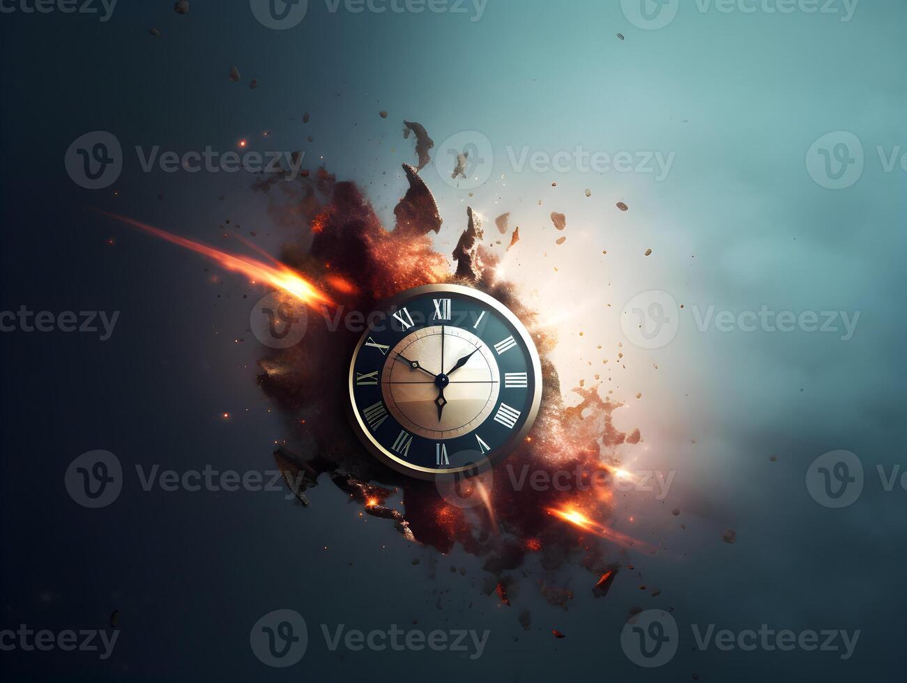 Clock with roman numbers. Concept of time flies, time passing, time exploration. photo