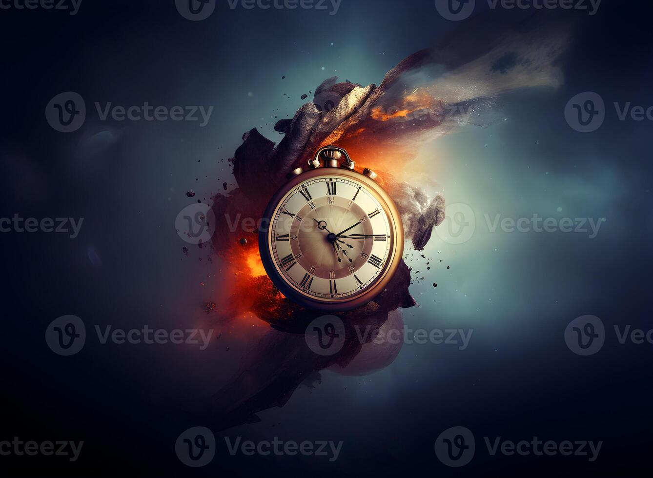 Clock with roman numbers. Concept of time flies, time passing, time exploration. photo
