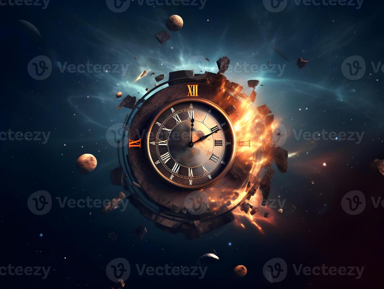 Clock with roman numbers. Concept of time flies, time passing, time exploration. photo
