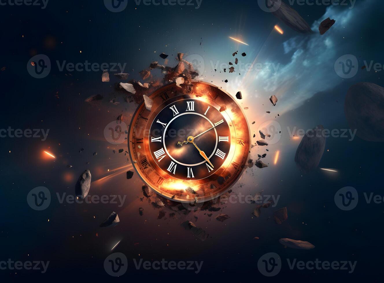 Clock with roman numbers. Concept of time flies, time passing, time exploration. photo