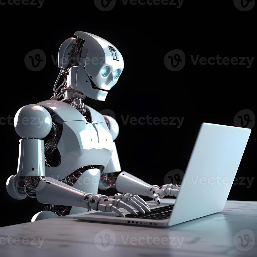 Futuristic robot using computer laptop. photo