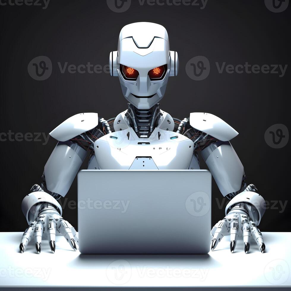 Futuristic robot using computer laptop. photo