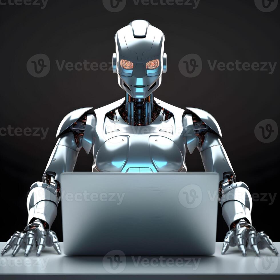 Futuristic robot using computer laptop. photo