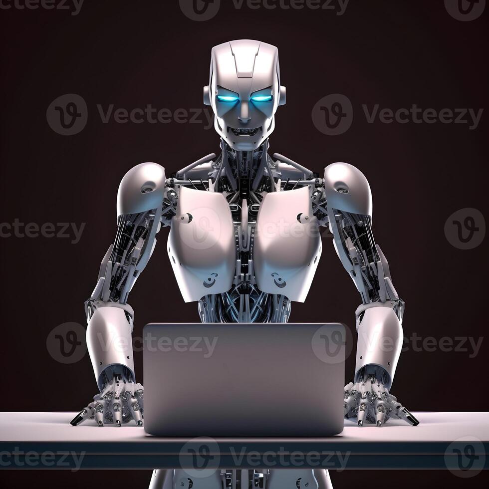 Futuristic robot using computer laptop. photo