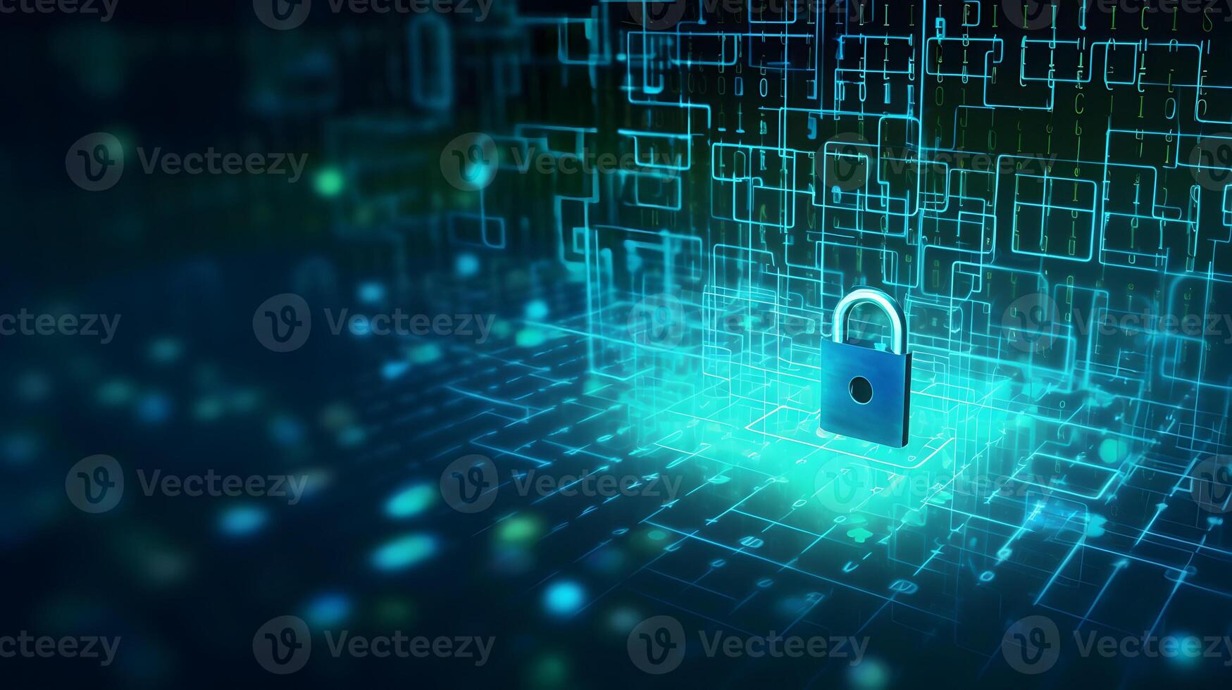 Lock on circuit pattern. Concept of data security and cybersecurity. photo