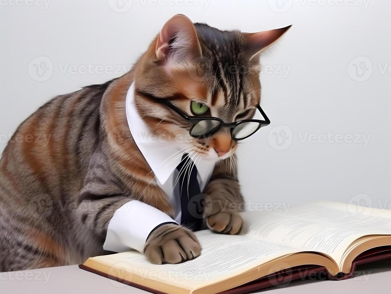 Cute pet cat with eyeglasses and opened book. AI generated. photo