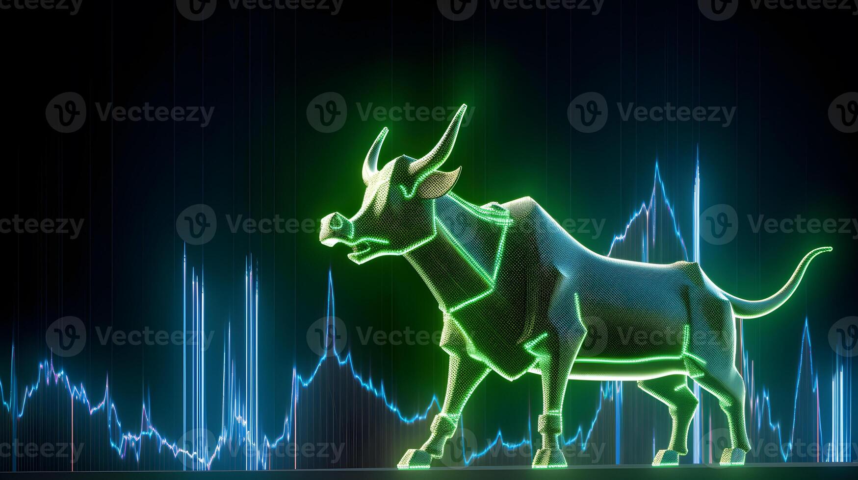 Bull with background of uptrend stock market. Concept of bullish market. photo