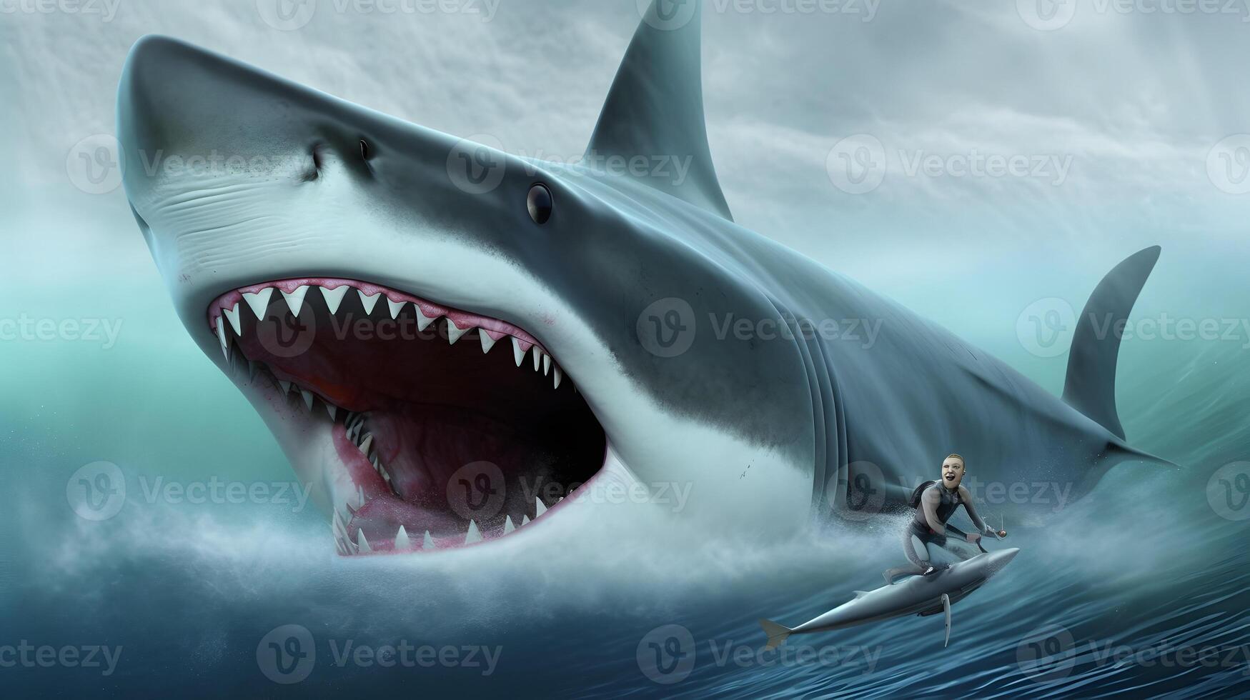 Big shark and diver surfing at ocean. photo