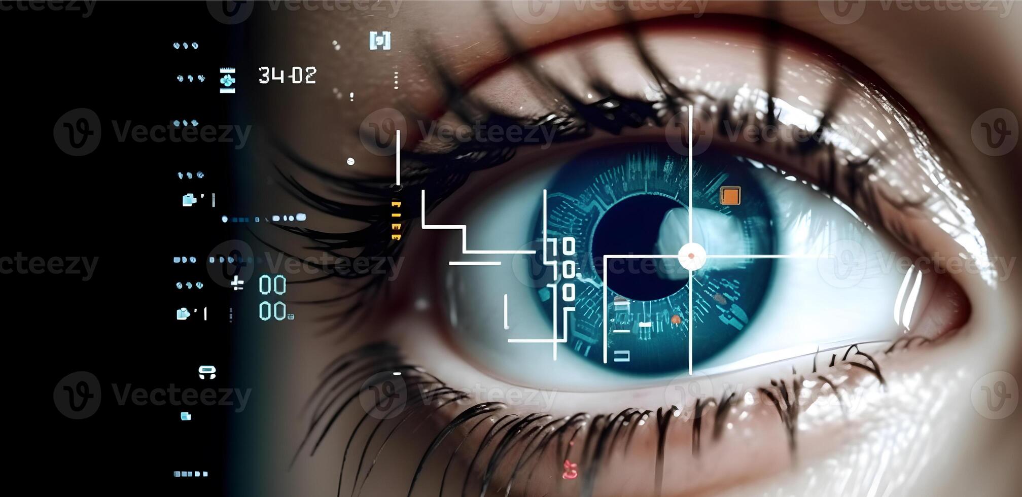 Woman eye with digital coding iris screen. Concept of iris recognition. photo