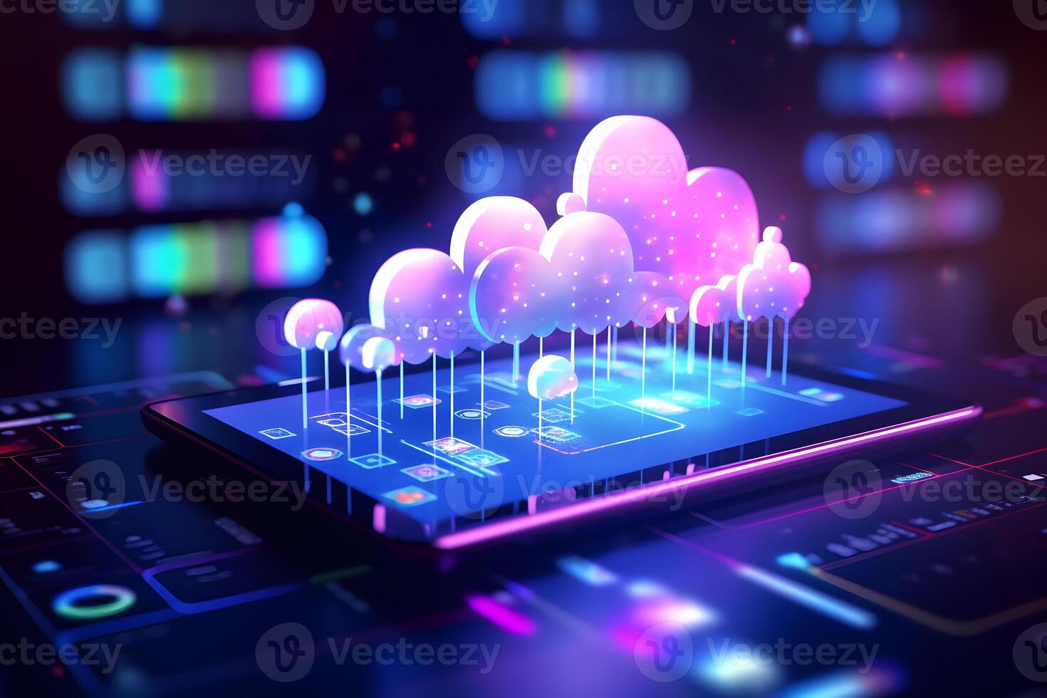 Cloud data storage, cloud computing and data transfer concept. photo