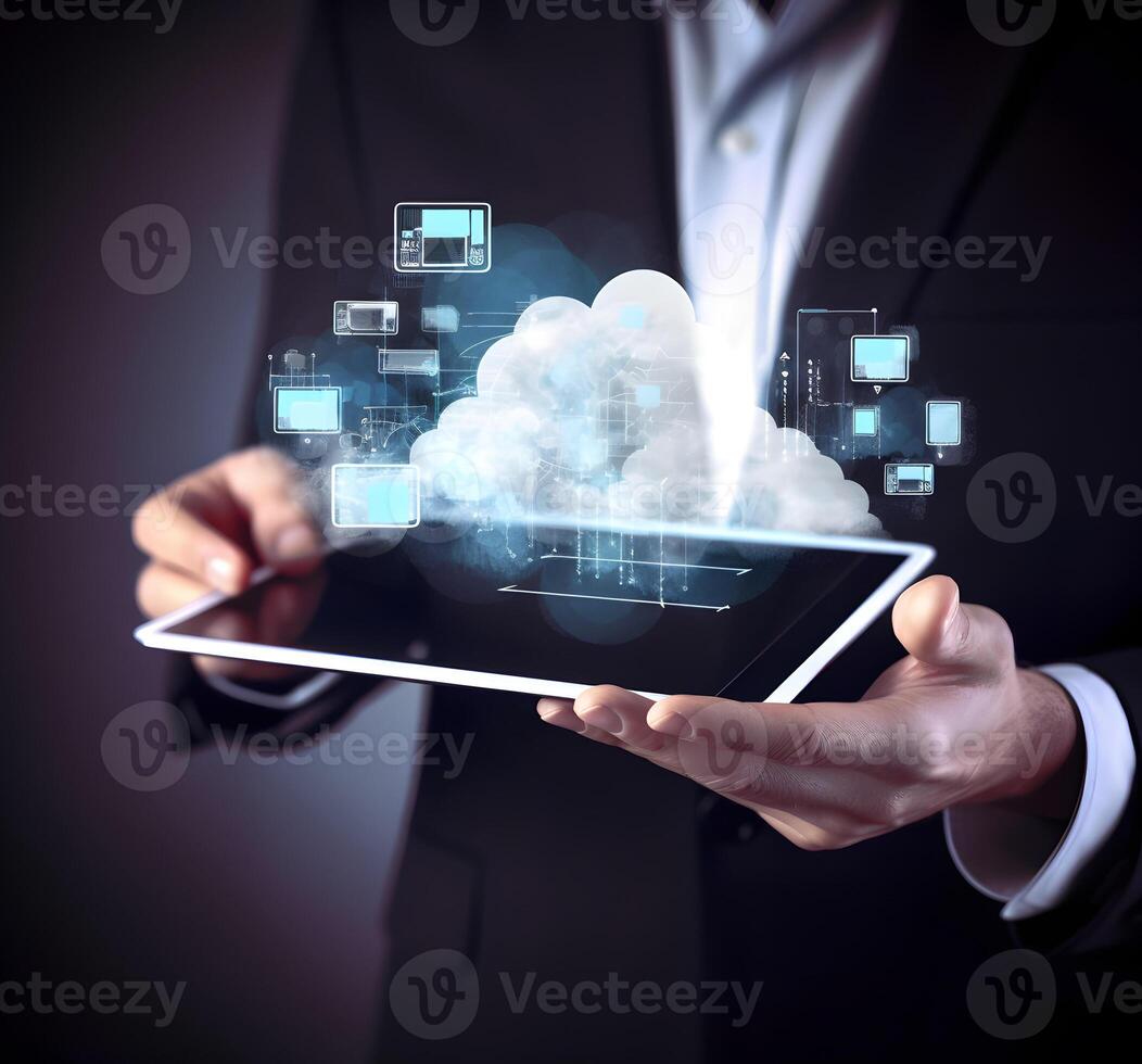 Cloud data storage, cloud computing and data transfer concept. photo