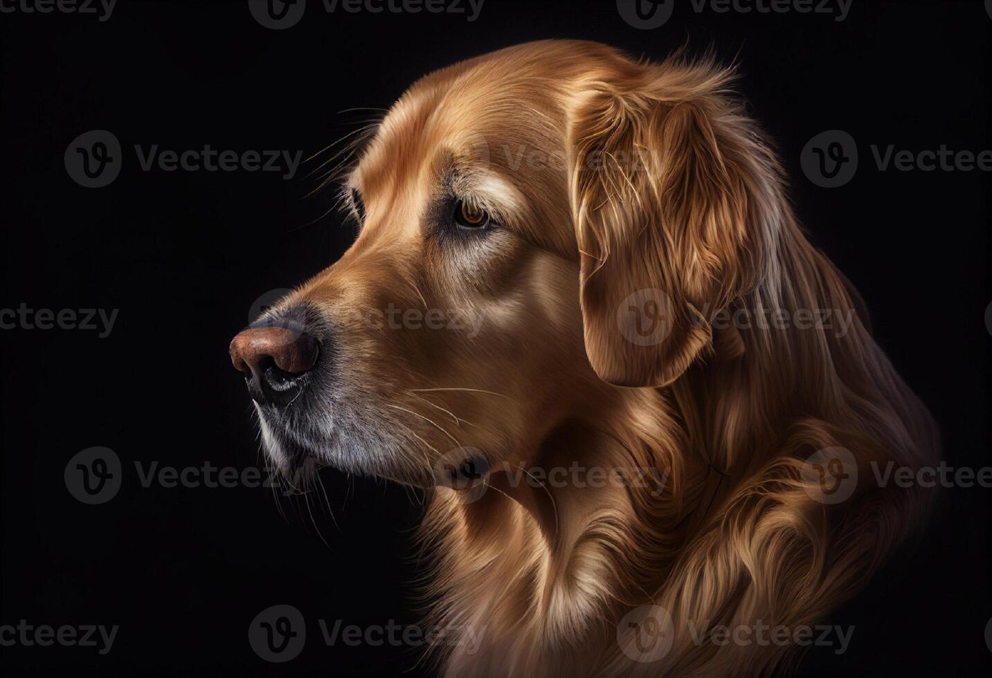 Portrait of a golden retriever looking to the side isolated on black created with photo