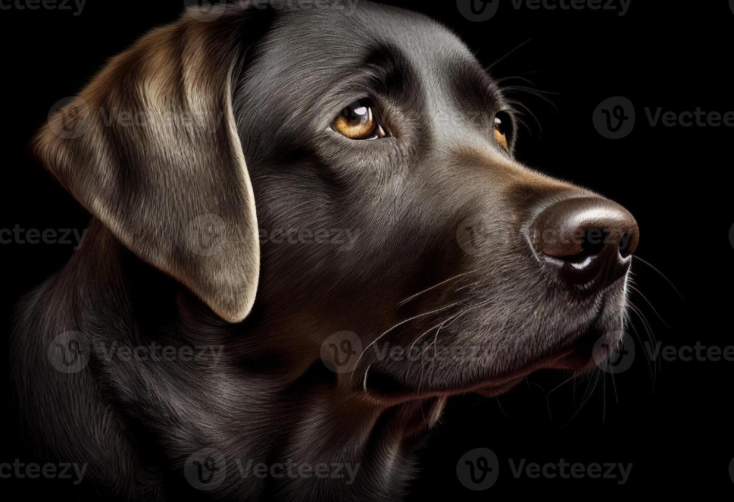 Close up portrait of a black furry labrador retriever isolated on black background ceated with photo