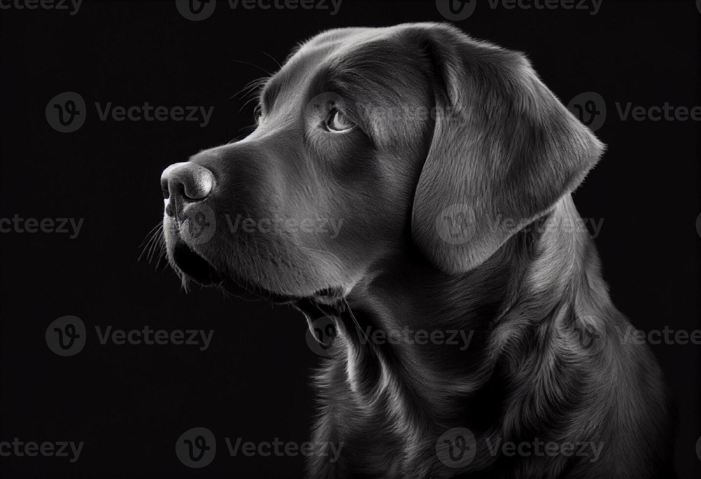 Close up portrait of a black furry labrador retriever isolated on black background ceated with photo
