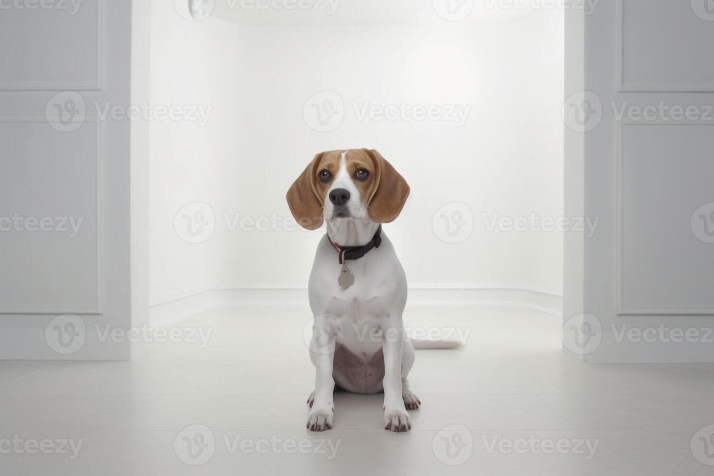 Innocent beagle standing in white room - photo