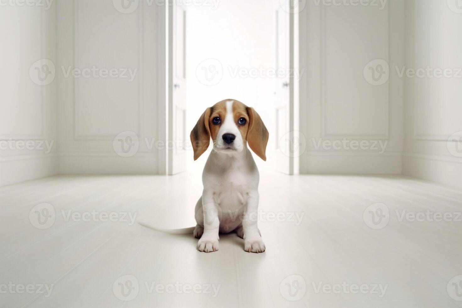 Innocent beagle standing in white room - photo