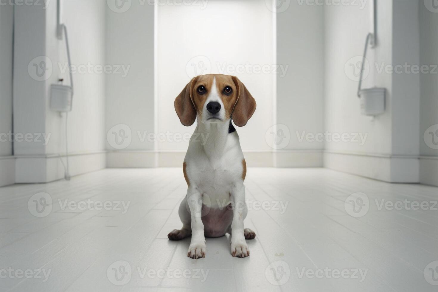 inocente beagle en pie en blanco habitación - ai generativo foto