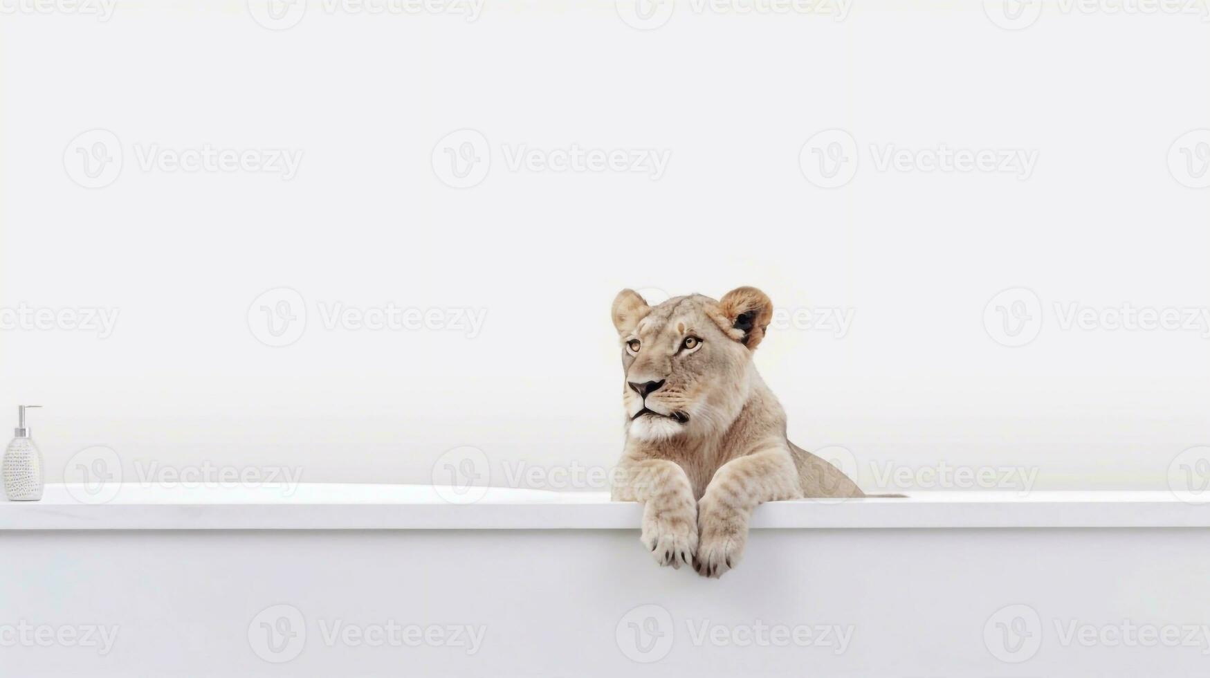 A lion in a bathtub with a white background - Generative AI photo