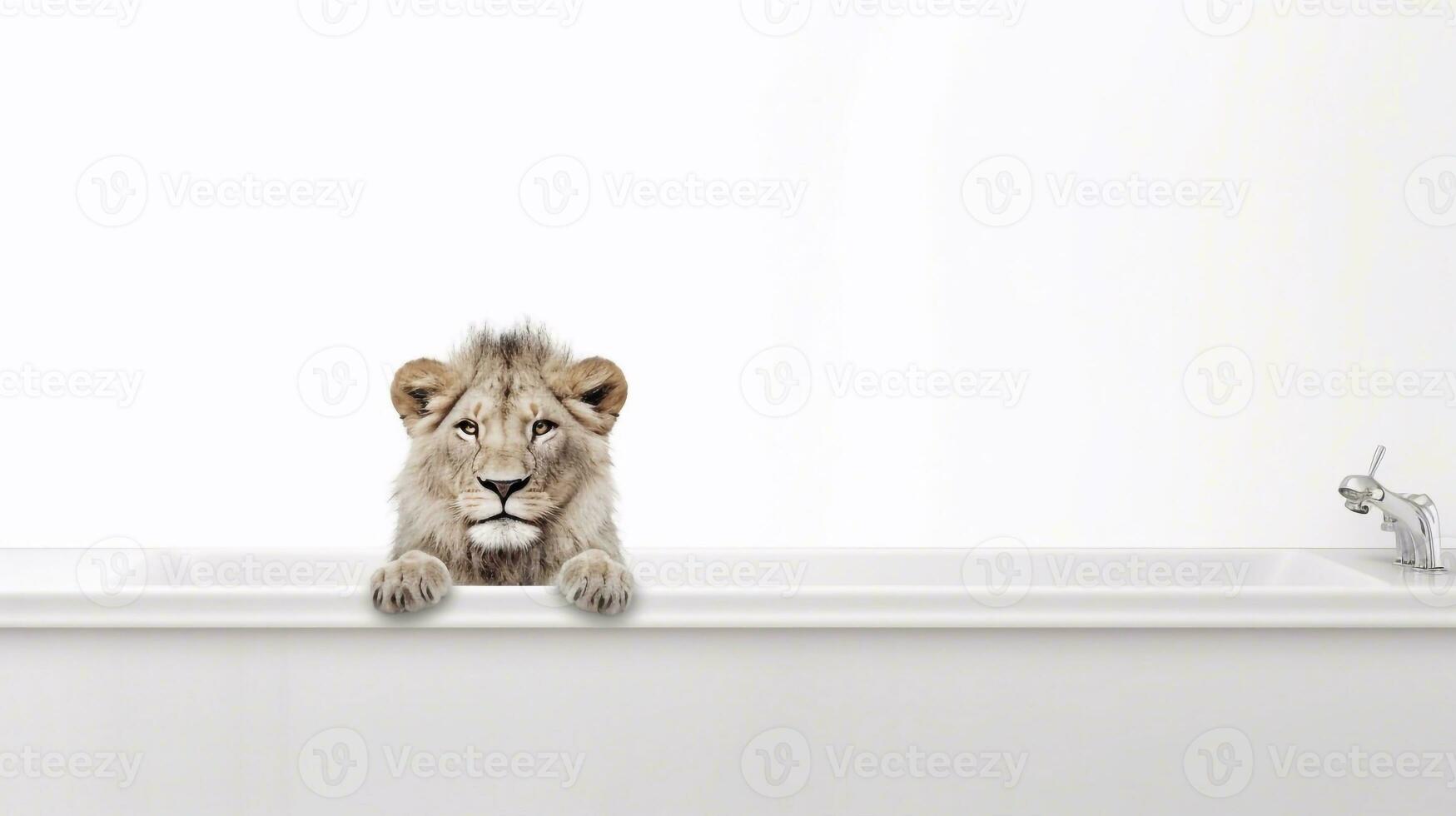 A lion in a bathtub with a white background - Generative AI photo