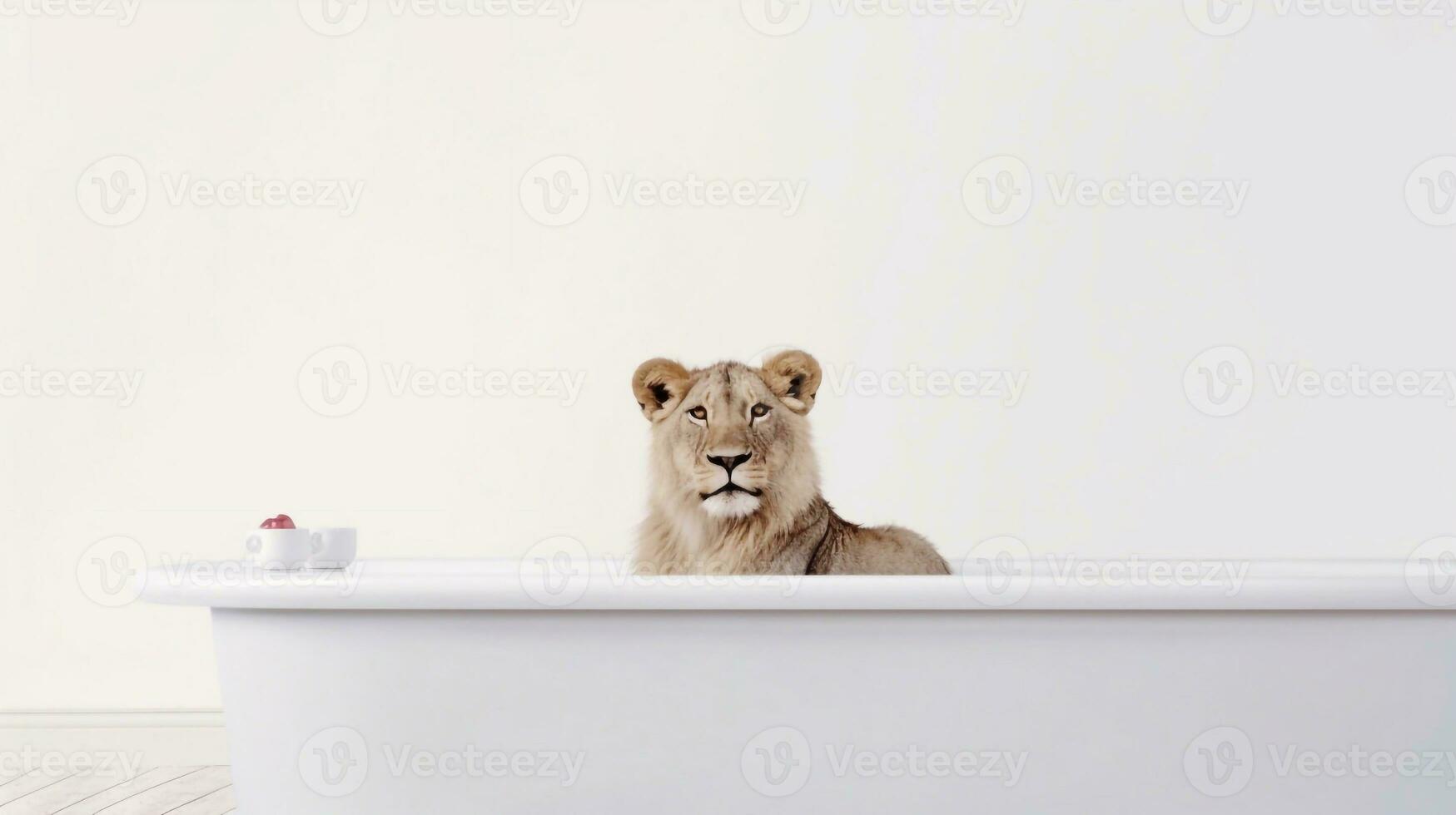 un león en un bañera con un blanco antecedentes - generativo ai foto