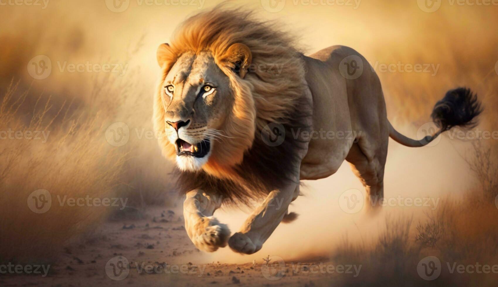 A lion running through the wildlife at sunset - Generative AI photo