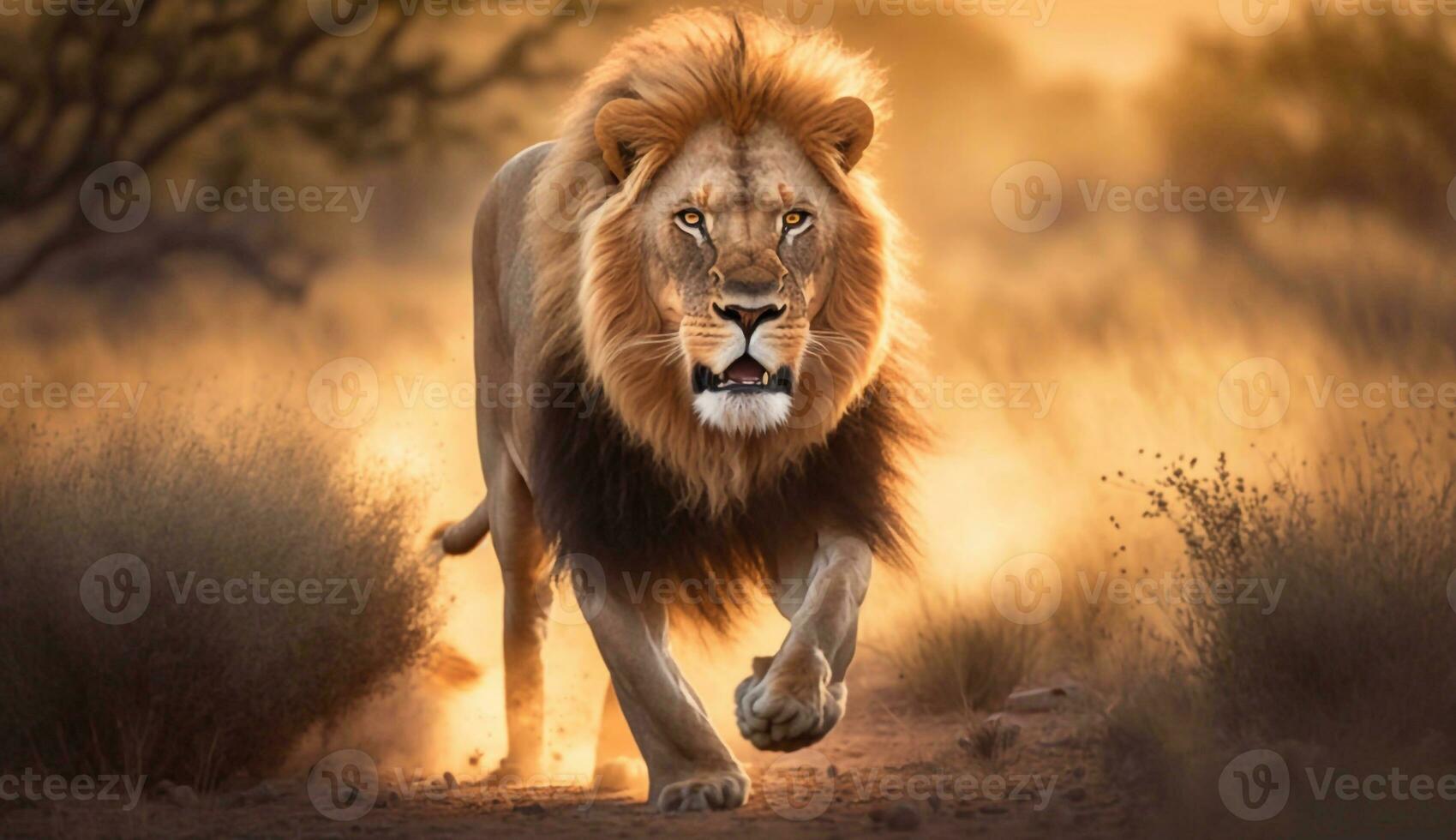 A lion running through the wildlife at sunset - Generative AI photo