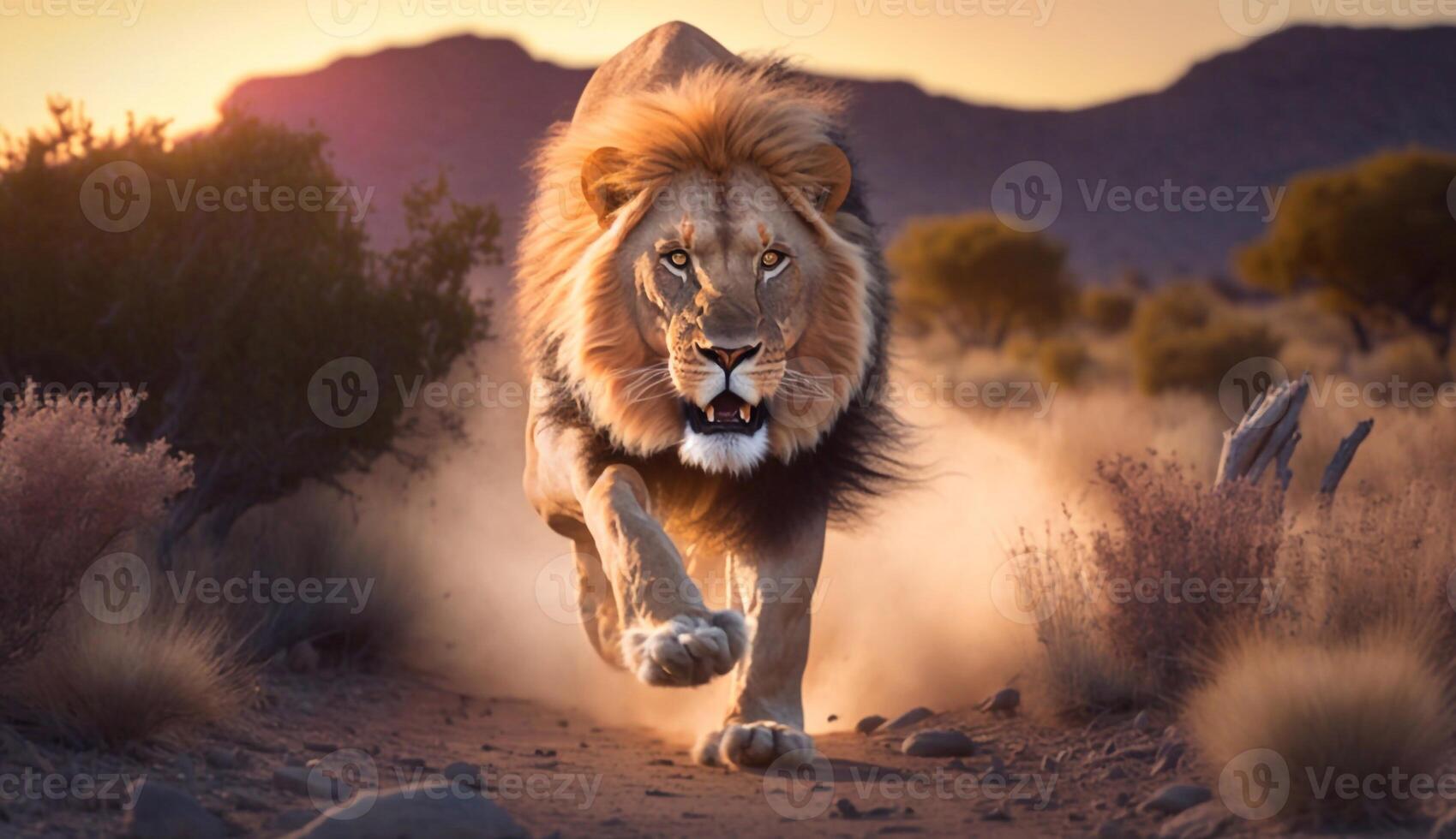 A lion running through the wildlife at sunset - Generative AI photo