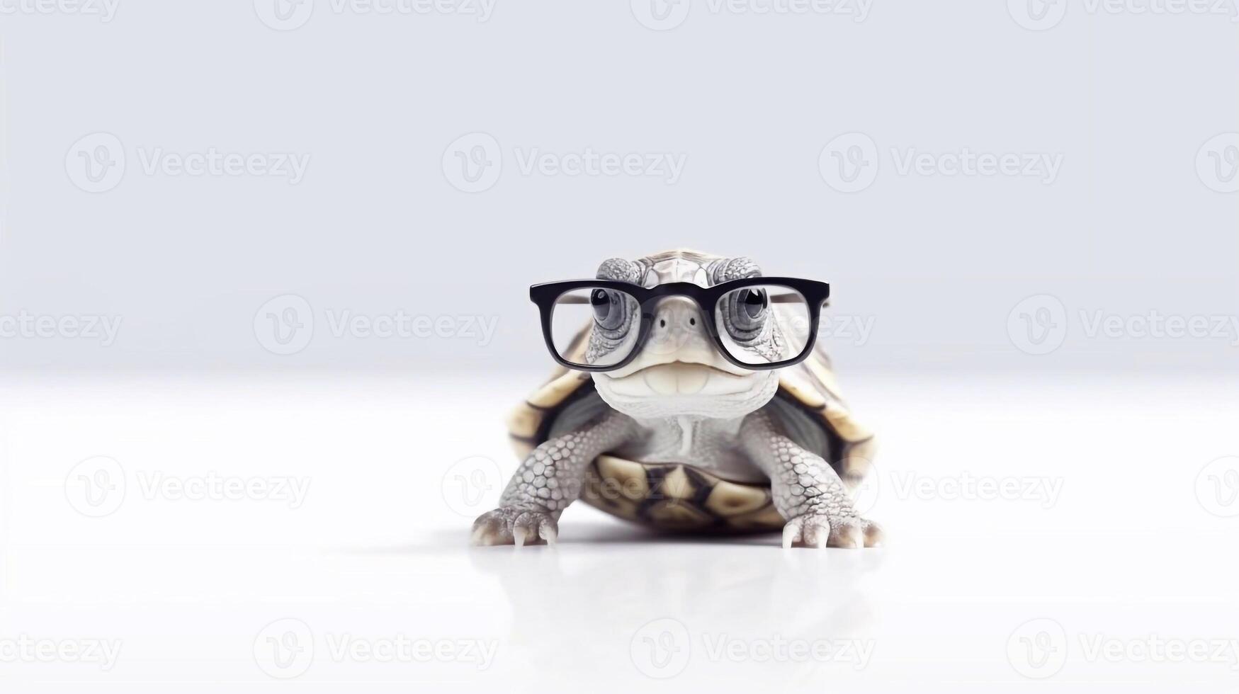 A tortoise wearing glasses is shown with a white background. - photo